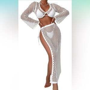 Women's Hollow Out Crochet Crop Cover up &Tie Side Skirt- Set